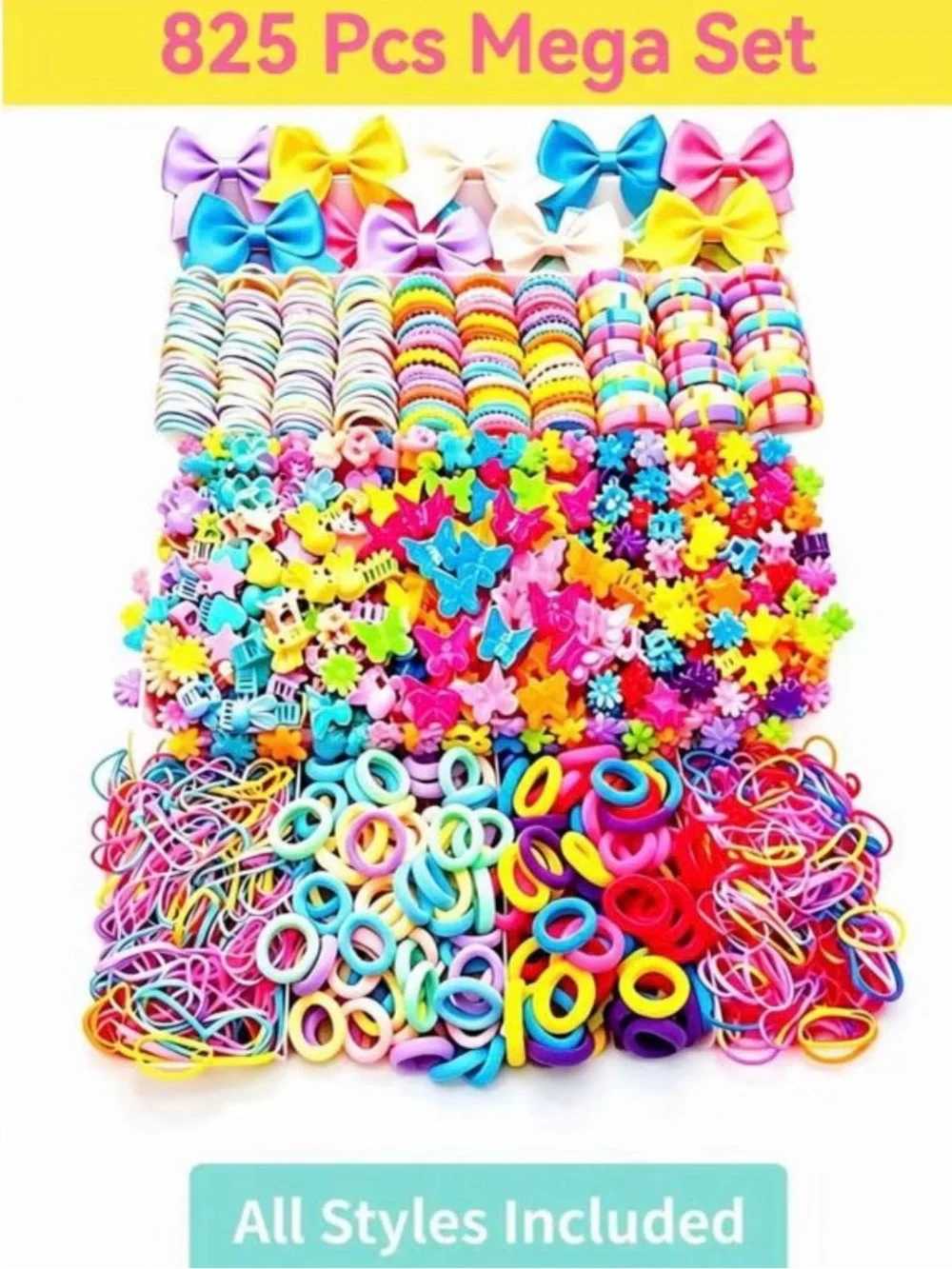 825-Piece Kids Hair Accessories Set — Bright Multicolor Hair Clips & Elastics